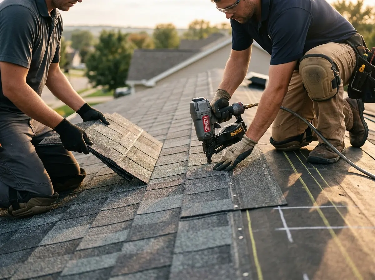 Professional roofer working on a residential roof in Downers Grove